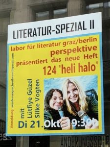 Lesungsplakat „perspektive 124 – heli halo“ mit Güzel und Vogten in Köln Plakat zur Lesung von Lütfiye Güzel und Silke Vogten in Köln – Vorstellung der Literaturzeitschrift „perspektive“.